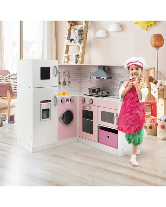Corner Play Kitchen Wooden Toy Set with Sound and Light - Pink - Play Kitchen Sets