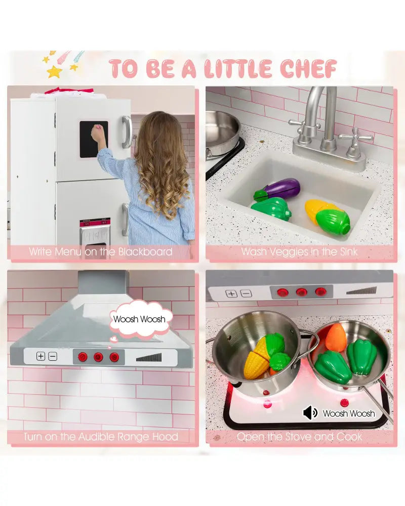Corner Play Kitchen Wooden Toy Set with Sound and Light - Pink - Play Kitchen Sets