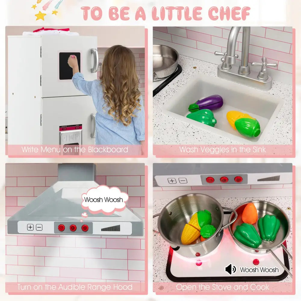 Corner Play Kitchen Wooden Toy Set with Sound and Light - Pink - Play Kitchen Sets