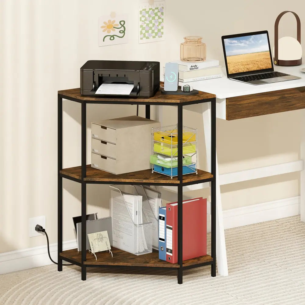 Corner Printer Stand 3-Tier Corner Shelf with Charging Station and Metal Frame-Rustic Brown - Rustic Brown - Laptop