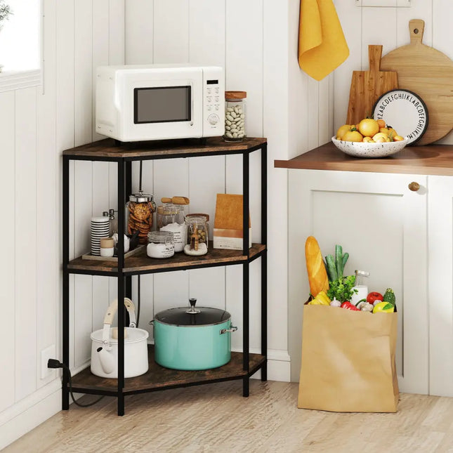Corner Printer Stand 3-Tier Corner Shelf with Charging Station and Metal Frame-Rustic Brown - Rustic Brown - Laptop