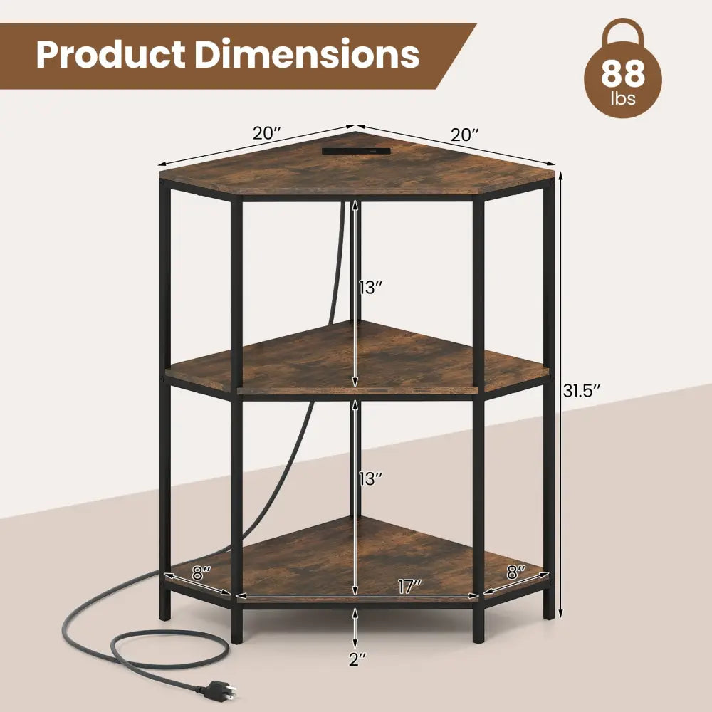 Corner Printer Stand 3-Tier Corner Shelf with Charging Station and Metal Frame-Rustic Brown - Rustic Brown - Laptop