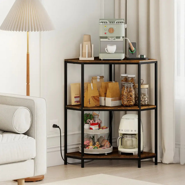 Corner Printer Stand 3-Tier Corner Shelf with Charging Station and Metal Frame-Rustic Brown - Rustic Brown - Laptop