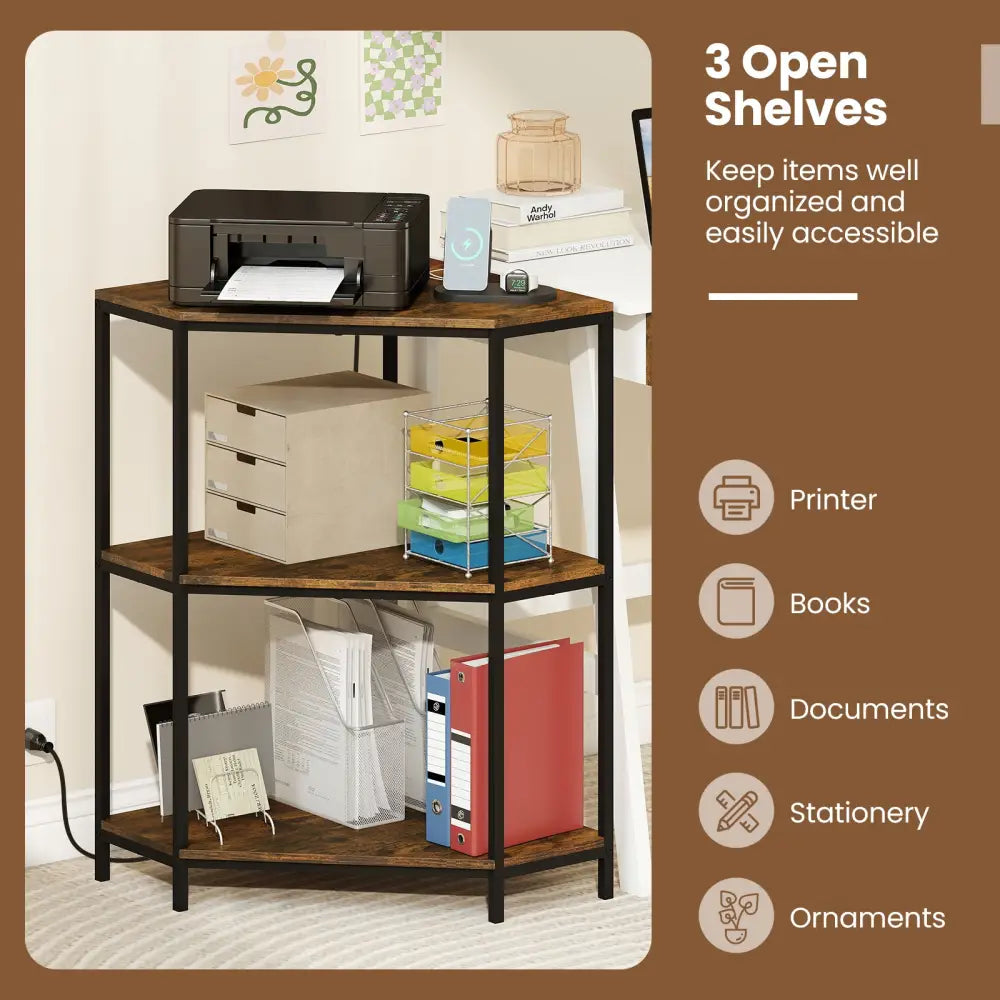 Corner Printer Stand 3-Tier Corner Shelf with Charging Station and Metal Frame-Rustic Brown - Rustic Brown - Laptop