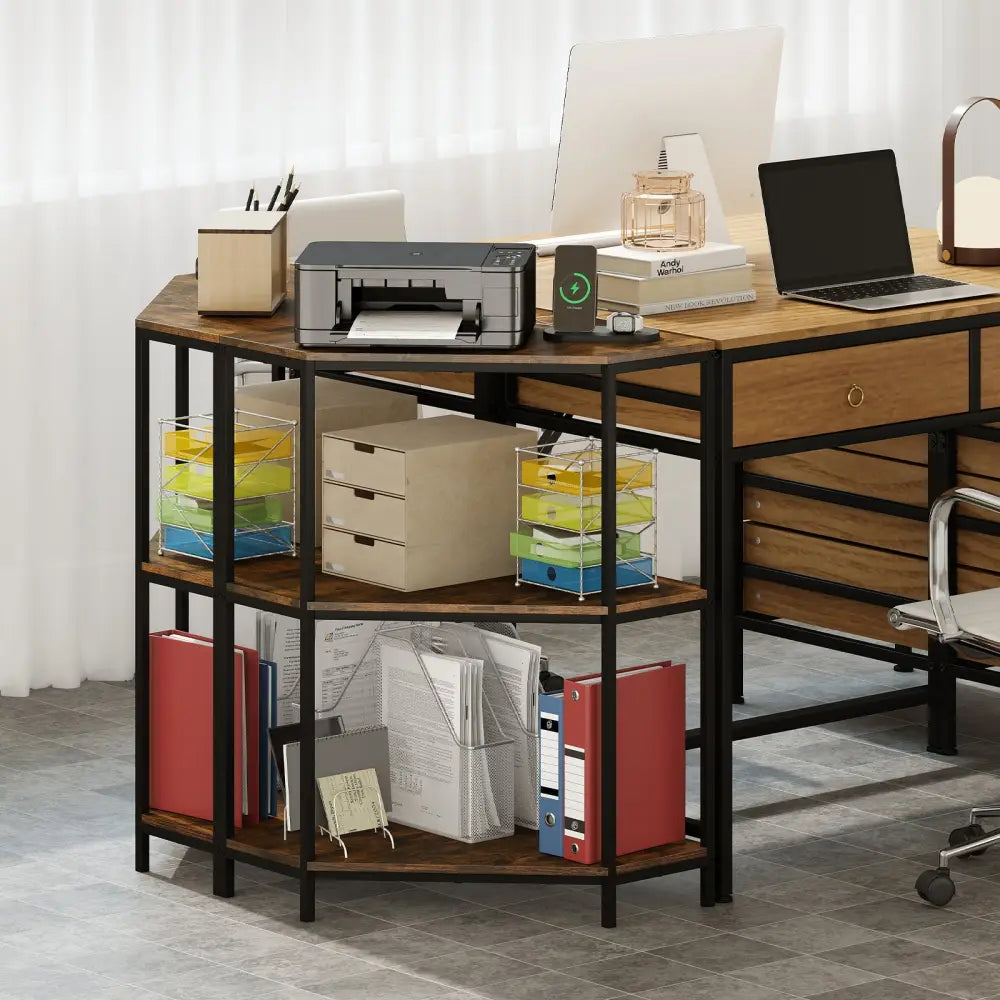 Corner Printer Stand 3-Tier Corner Shelf with Charging Station and Metal Frame-Rustic Brown - Rustic Brown - Laptop