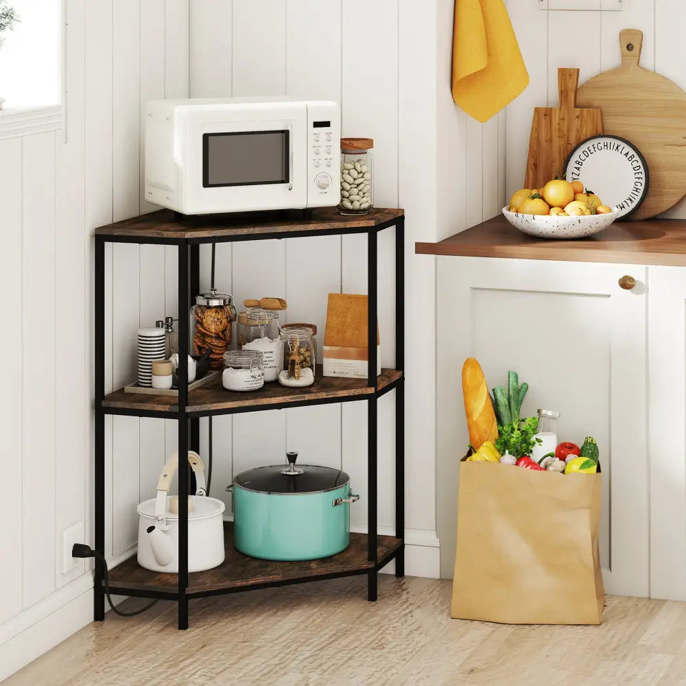 Corner Printer Stand 3-Tier Corner Shelf with Charging Station and Metal Frame-Rustic Brown - Rustic Brown - Laptop