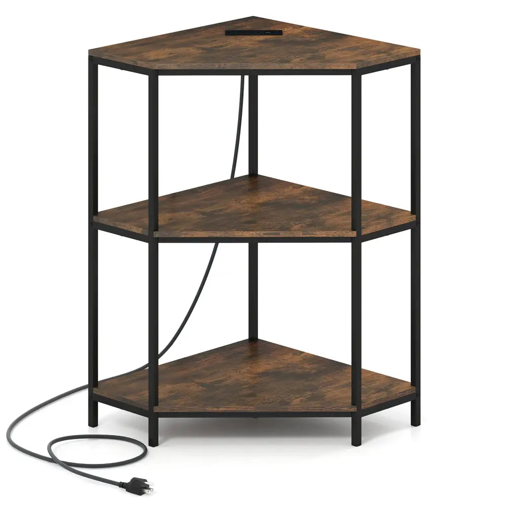 Corner Printer Stand 3-Tier Corner Shelf with Charging Station and Metal Frame-Rustic Brown - Rustic Brown - Laptop