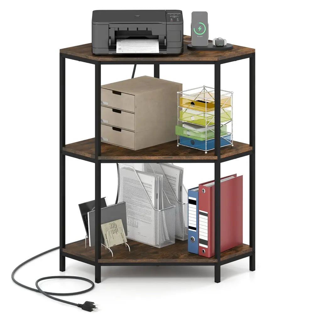 Corner Printer Stand 3-Tier Corner Shelf with Charging Station and Metal Frame-Rustic Brown - Rustic Brown - Laptop