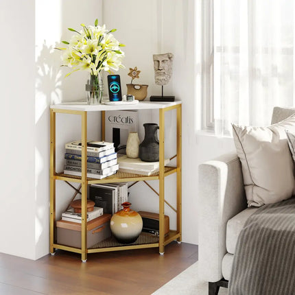 Corner Printer Stand with Power Outlet 3-Tier Storage Rack with Adjustable Shelf-White - White - Laptop Tables &