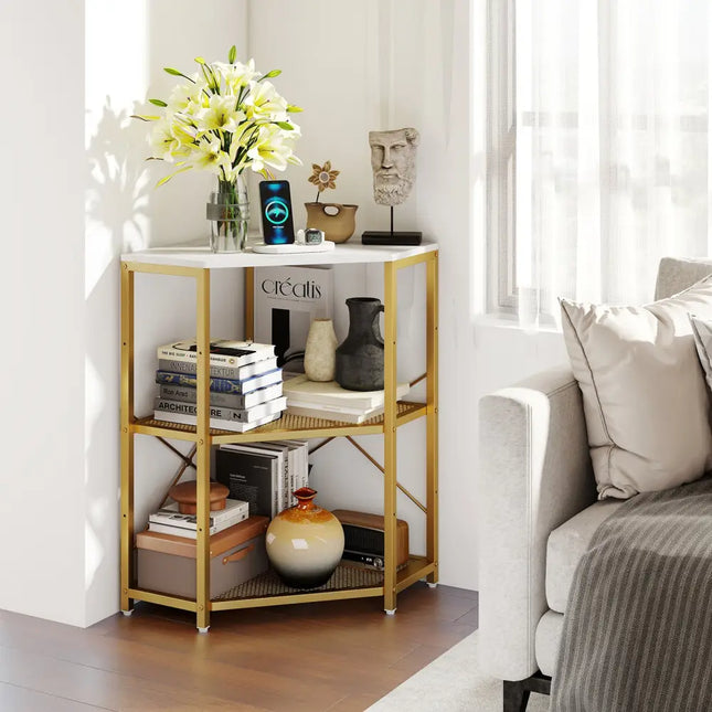 Corner Printer Stand with Power Outlet 3-Tier Storage Rack with Adjustable Shelf-White - White - Laptop Tables &