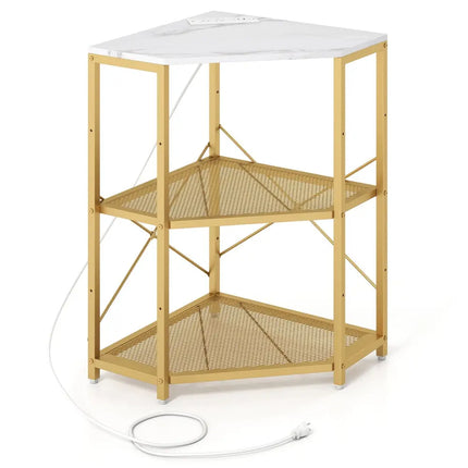 Corner Printer Stand with Power Outlet 3-Tier Storage Rack with Adjustable Shelf-White - White - Laptop Tables &