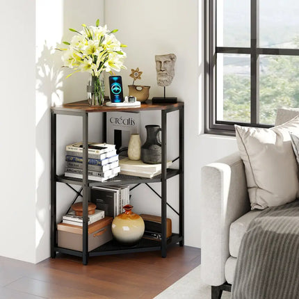 Corner Printer Stand with Power Outlet 3-Tier Storage Rack with Adjustable Shelf-Brown - Rustic Brown - Laptop Tables &
