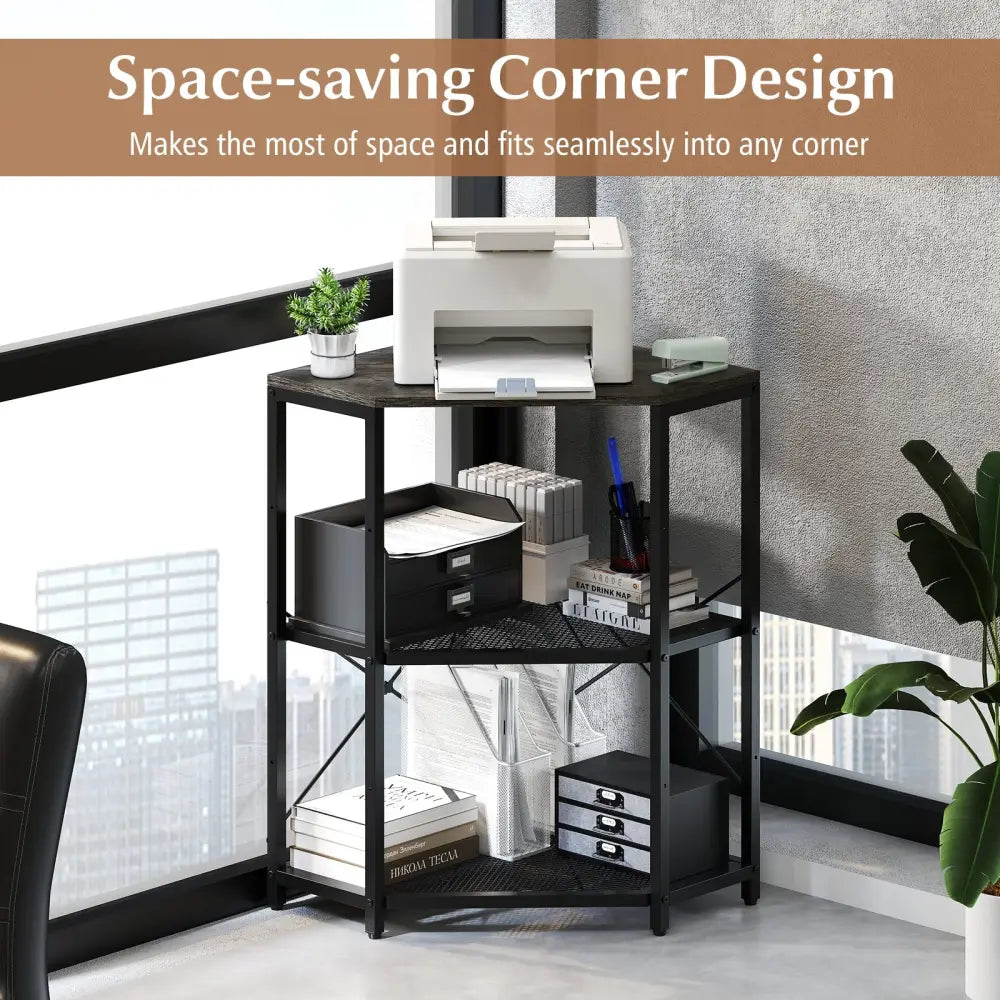 Corner Printer Stand with Power Outlet 3-Tier Storage Rack with Adjustable Shelf-Black - Black - Laptop Tables &