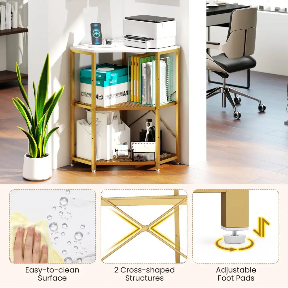 Corner Printer Stand with Power Outlet 3-Tier Storage Rack with Adjustable Shelf-White - White - Laptop Tables &