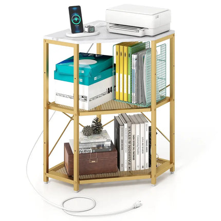 Corner Printer Stand with Power Outlet 3-Tier Storage Rack with Adjustable Shelf-White - White - Laptop Tables &