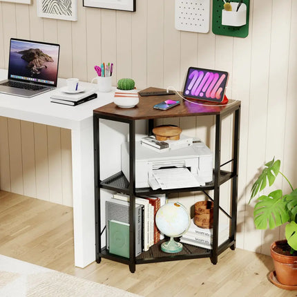 Corner Printer Stand with Power Outlet 3-Tier Storage Rack with Adjustable Shelf-Brown - Rustic Brown - Laptop Tables &