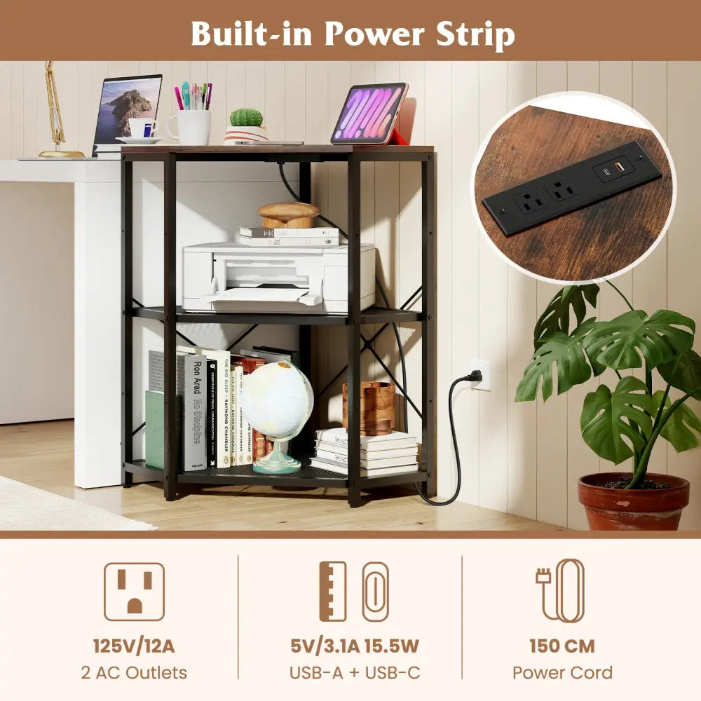 Corner Printer Stand with Power Outlet 3-Tier Storage Rack with Adjustable Shelf-Brown - Rustic Brown - Laptop Tables &