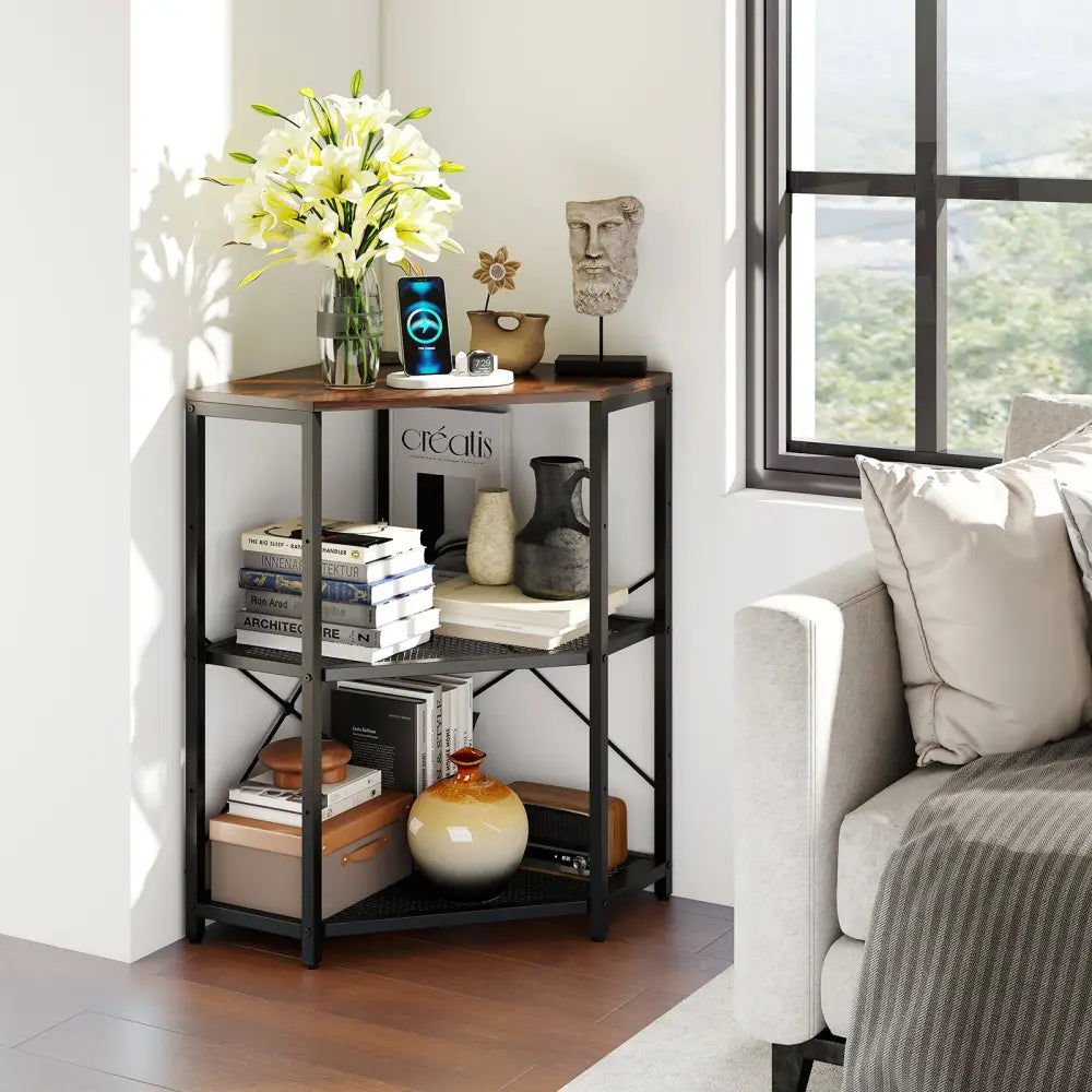 Corner Printer Stand with Power Outlet 3-Tier Storage Rack with Adjustable Shelf-Brown - Rustic Brown - Laptop Tables &