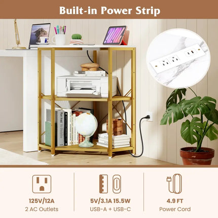Corner Printer Stand with Power Outlet 3-Tier Storage Rack with Adjustable Shelf-White - White - Laptop Tables &