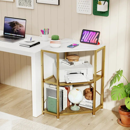 Corner Printer Stand with Power Outlet 3-Tier Storage Rack with Adjustable Shelf-White - White - Laptop Tables &