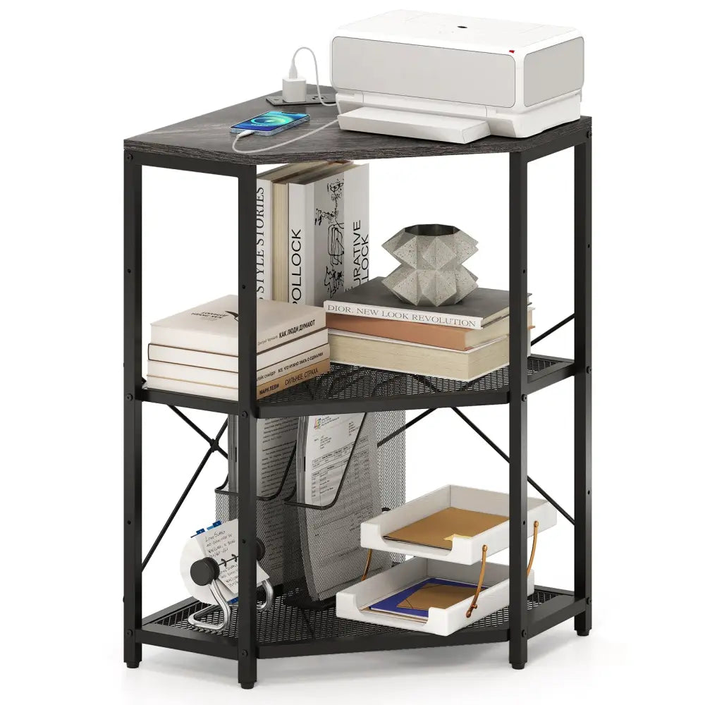 Corner Printer Stand with Power Outlet 3-Tier Storage Rack with Adjustable Shelf-Black - Black - Laptop Tables &