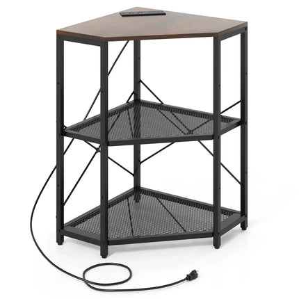 Corner Printer Stand with Power Outlet 3-Tier Storage Rack with Adjustable Shelf-Brown - Rustic Brown - Laptop Tables &