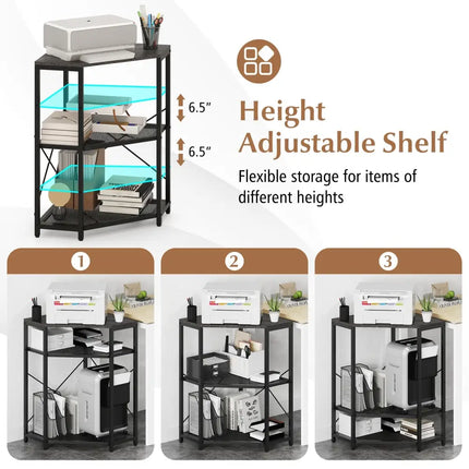 Corner Printer Stand with Power Outlet 3-Tier Storage Rack with Adjustable Shelf-Black - Black - Laptop Tables &