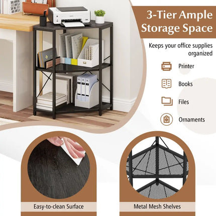 Corner Printer Stand with Power Outlet 3-Tier Storage Rack with Adjustable Shelf-Black - Black - Laptop Tables &