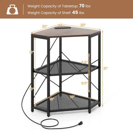 Corner Printer Stand with Power Outlet 3-Tier Storage Rack with Adjustable Shelf-Brown - Rustic Brown - Laptop Tables &