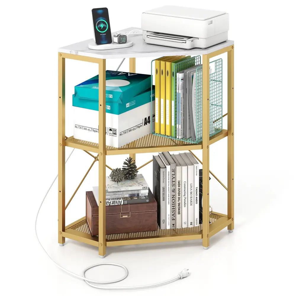 Corner Printer Stand with Power Outlet 3-Tier Storage Rack with Adjustable Shelf-White - White - Laptop Tables &