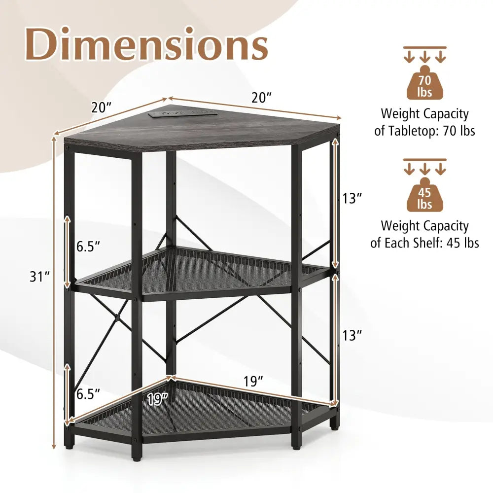 Corner Printer Stand with Power Outlet 3-Tier Storage Rack with Adjustable Shelf-Black - Black - Laptop Tables &