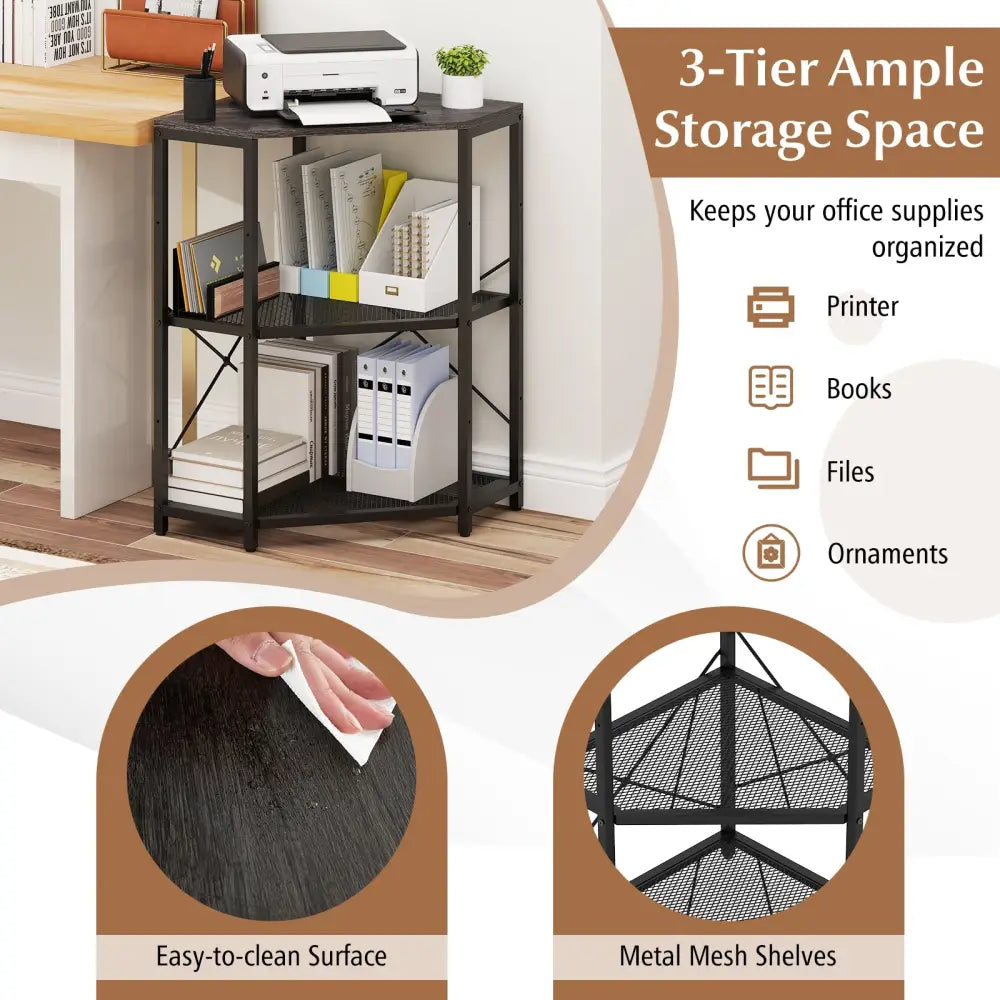 Corner Printer Stand with Power Outlet 3-Tier Storage Rack with Adjustable Shelf-Black - Black - Laptop Tables &