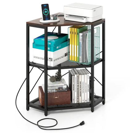 Corner Printer Stand with Power Outlet 3-Tier Storage Rack with Adjustable Shelf-Brown - Rustic Brown - Laptop Tables &