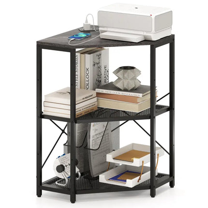 Corner Printer Stand with Power Outlet 3-Tier Storage Rack with Adjustable Shelf-Black - Black - Laptop Tables &