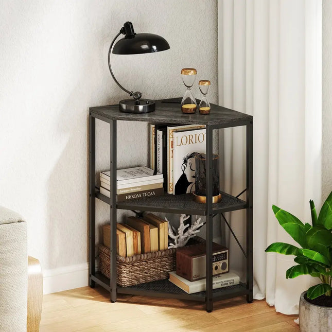 Corner Printer Stand with Power Outlet 3-Tier Storage Rack with Adjustable Shelf-Black - Black - Laptop Tables &