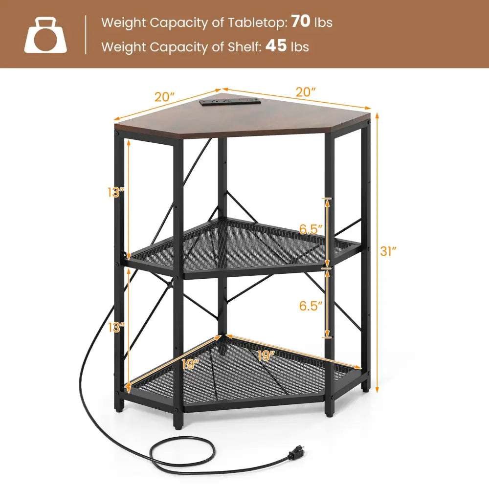 Corner Printer Stand with Power Outlet 3-Tier Storage Rack with Adjustable Shelf-Brown - Rustic Brown - Laptop Tables &