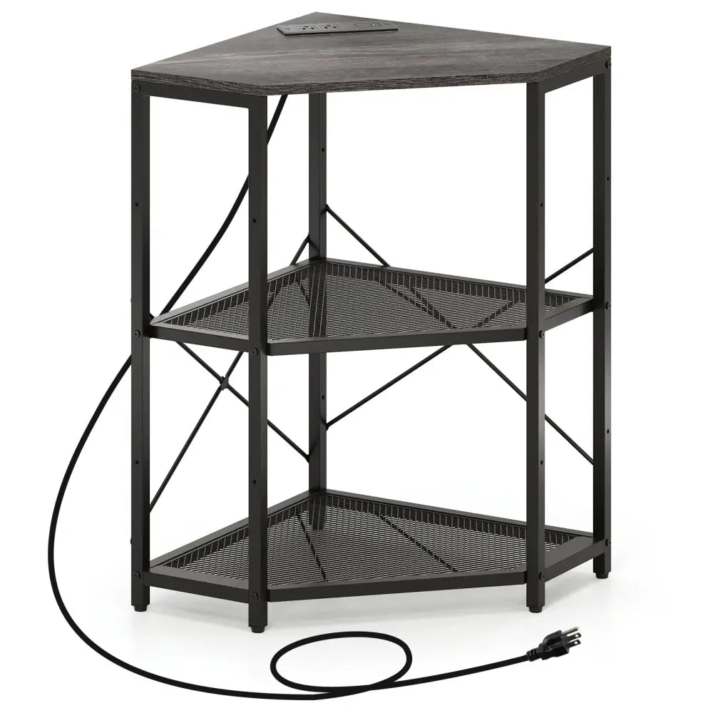 Corner Printer Stand with Power Outlet 3-Tier Storage Rack with Adjustable Shelf-Black - Black - Laptop Tables &