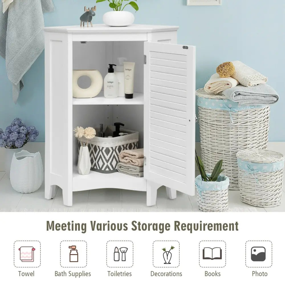 Corner Storage Cabinet Free Standing Bathroom Cabinet with Shutter Door - White - Floor Cabinets