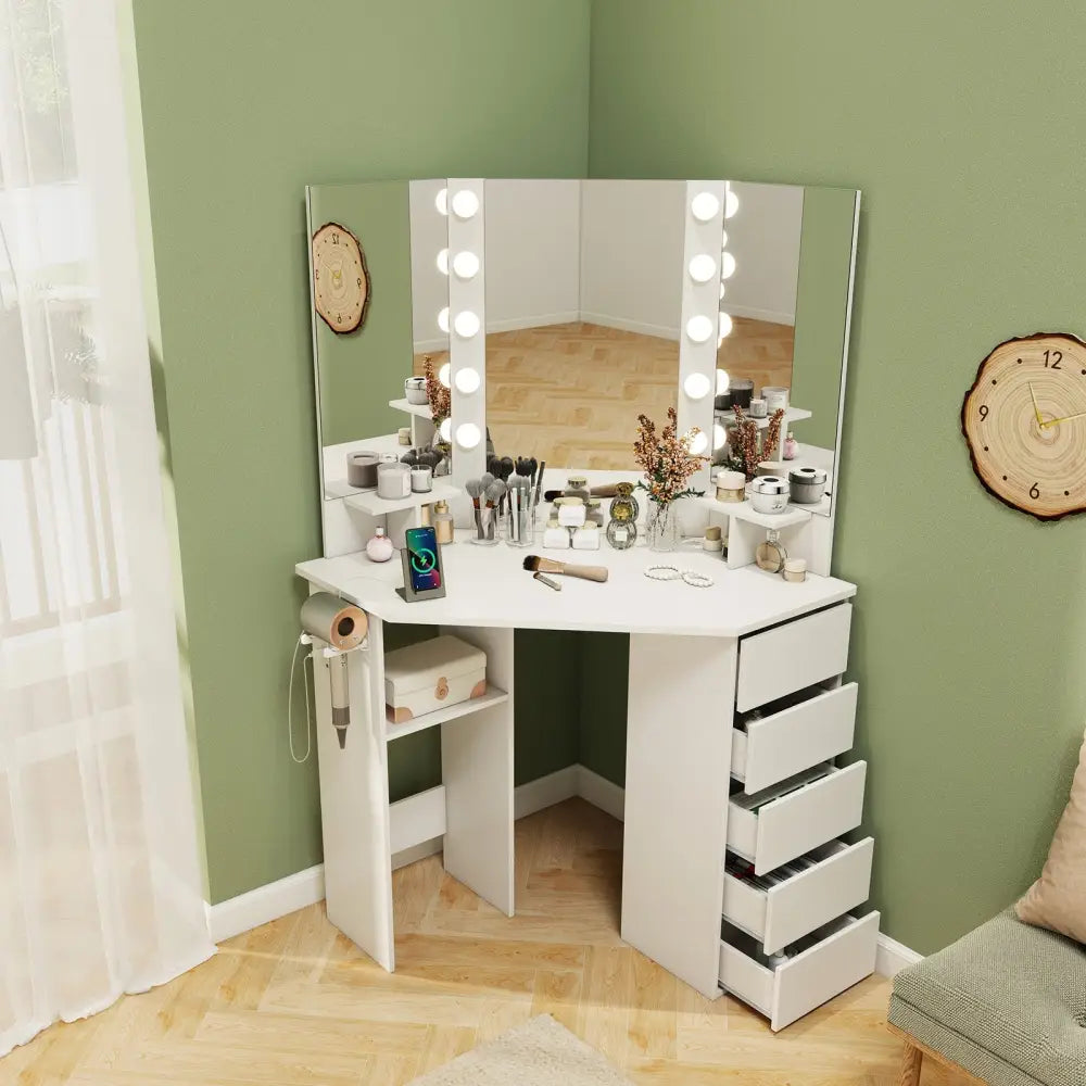 Corner Vanity Desk with 3-Color LED Lighted Mirror and Power Outlet-White - White - Makeup Vanities