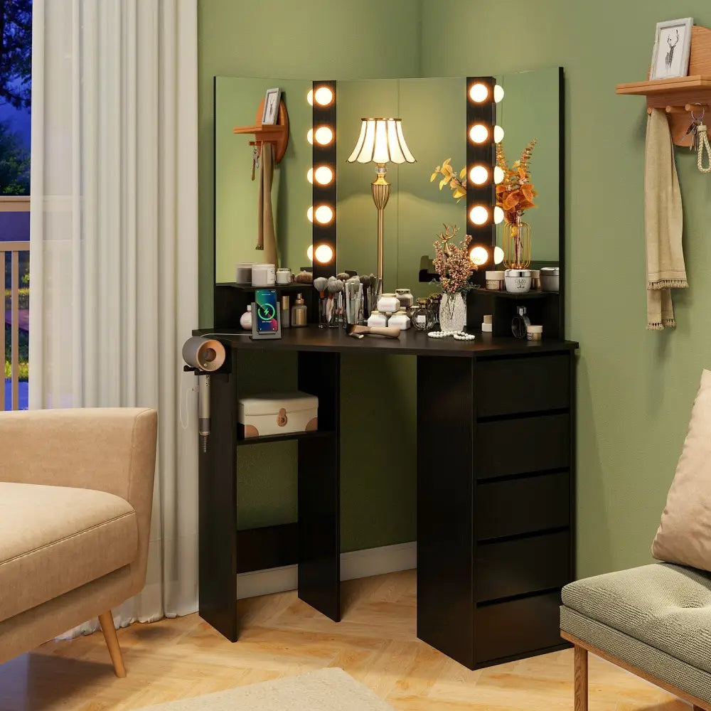 Corner Vanity Desk with 3-Color LED Lighted Mirror and Power Outlet-Black - Black - Makeup Vanities