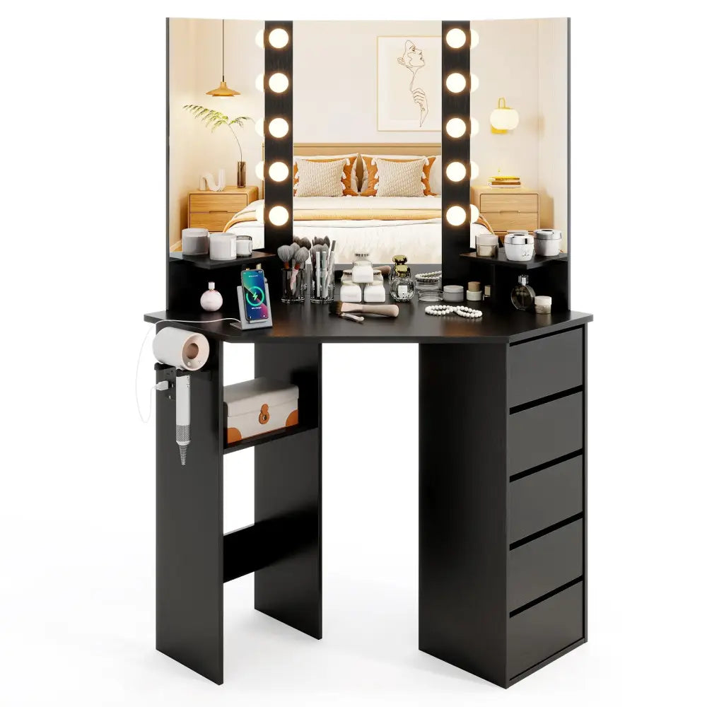 Corner Vanity Desk with 3-Color LED Lighted Mirror and Power Outlet-Black - Black - Makeup Vanities