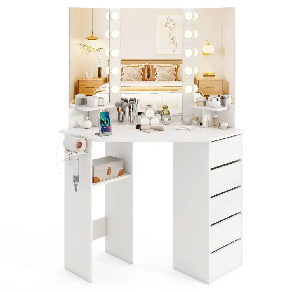 Corner Vanity Desk with 3-Color LED Lighted Mirror and Power Outlet-White - White - Makeup Vanities