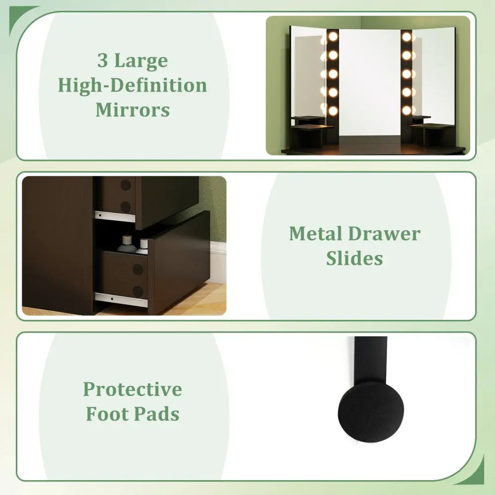 Corner Vanity Desk with 3-Color LED Lighted Mirror and Power Outlet-Black - Black - Makeup Vanities