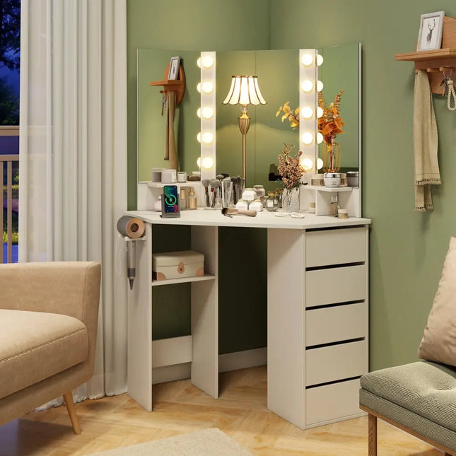 Corner Vanity Desk with 3-Color LED Lighted Mirror and Power Outlet-White - White - Makeup Vanities
