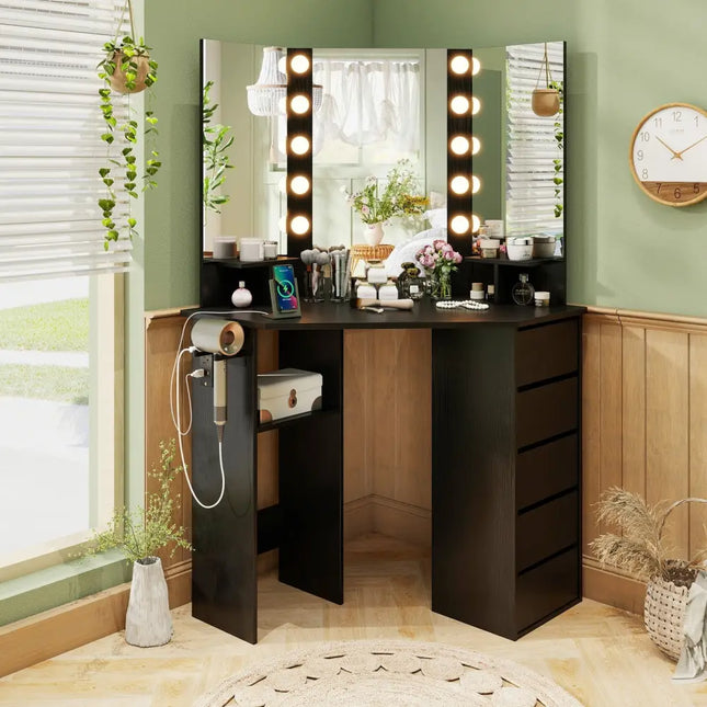 Corner Vanity Desk with 3-Color LED Lighted Mirror and Power Outlet-Black - Black - Makeup Vanities