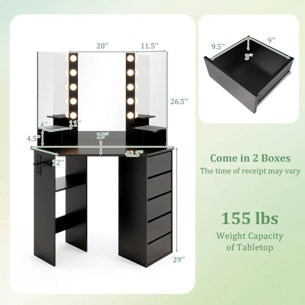 Corner Vanity Desk with 3-Color LED Lighted Mirror and Power Outlet-Black - Black - Makeup Vanities