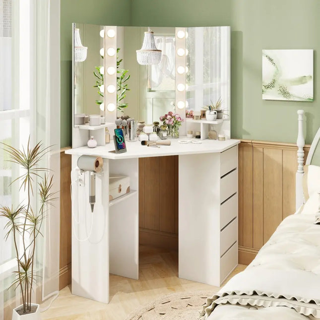 Corner Vanity Desk with 3-Color LED Lighted Mirror and Power Outlet-White - White - Makeup Vanities