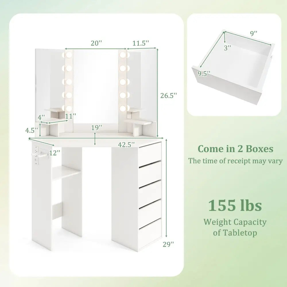 Corner Vanity Desk with 3-Color LED Lighted Mirror and Power Outlet-White - White - Makeup Vanities