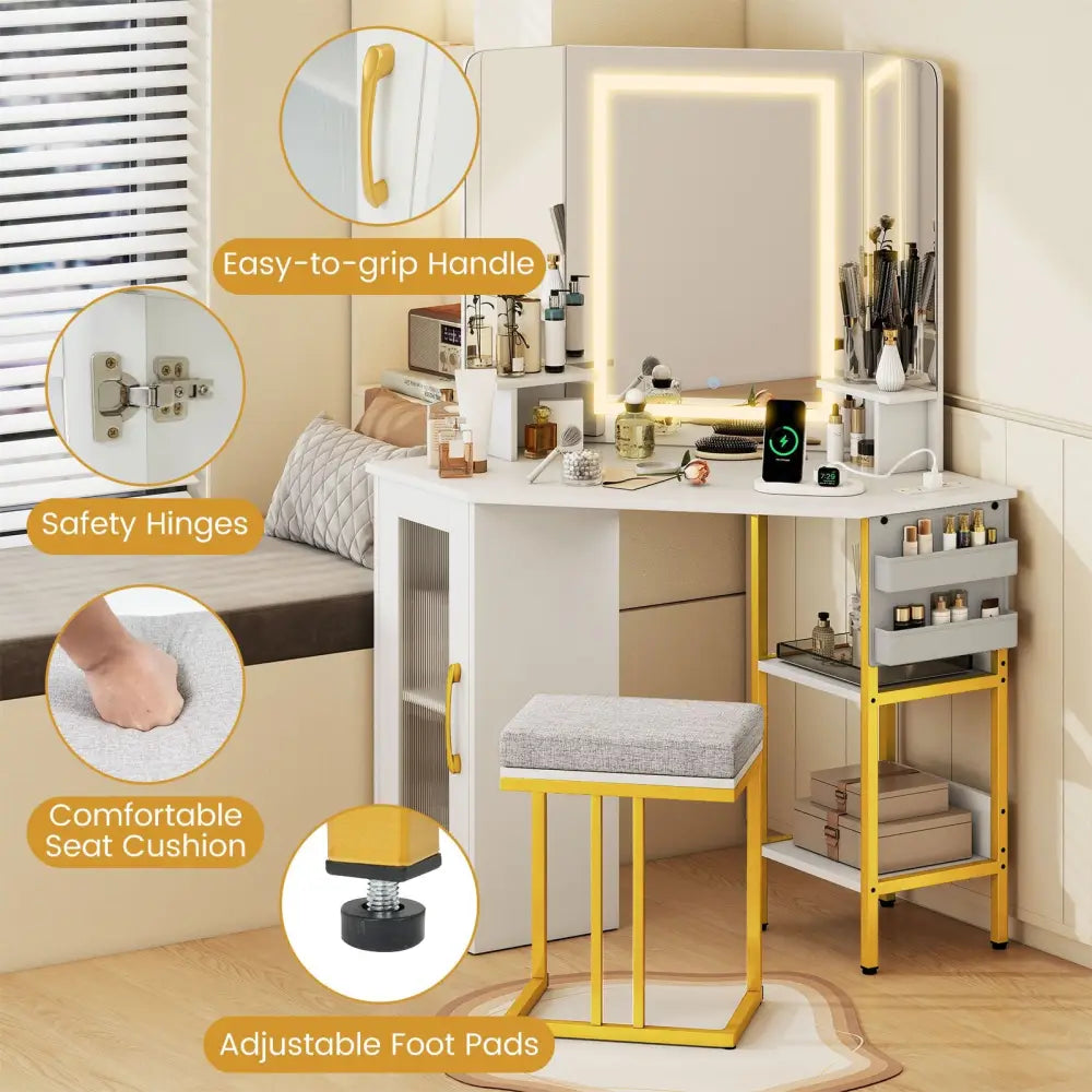 Corner Vanity Desk with Mirror and Lights Makeup Dressing Table with Triple Mirror-White - White - Makeup Vanities