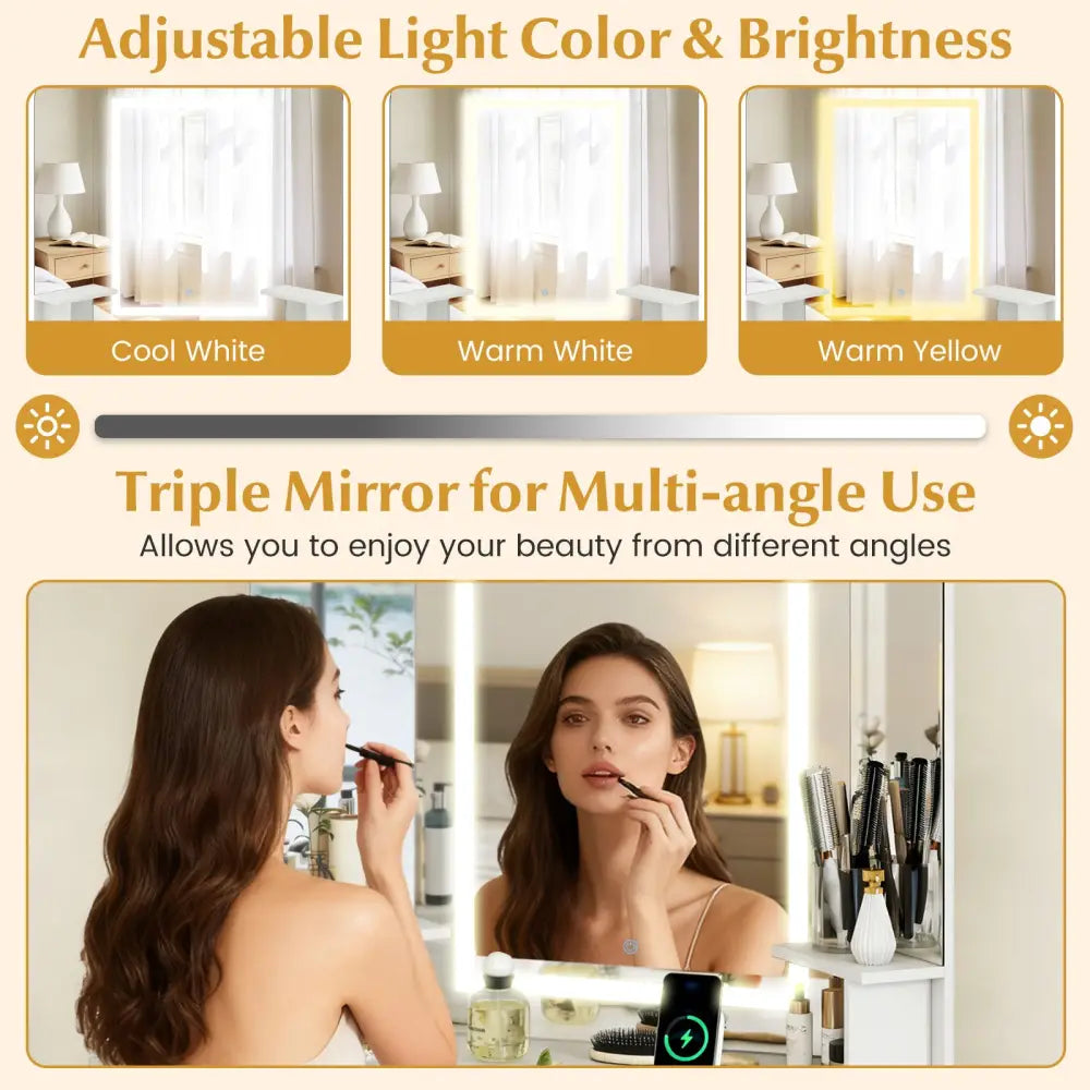 Corner Vanity Desk with Mirror and Lights Makeup Dressing Table with Triple Mirror-White - White - Makeup Vanities